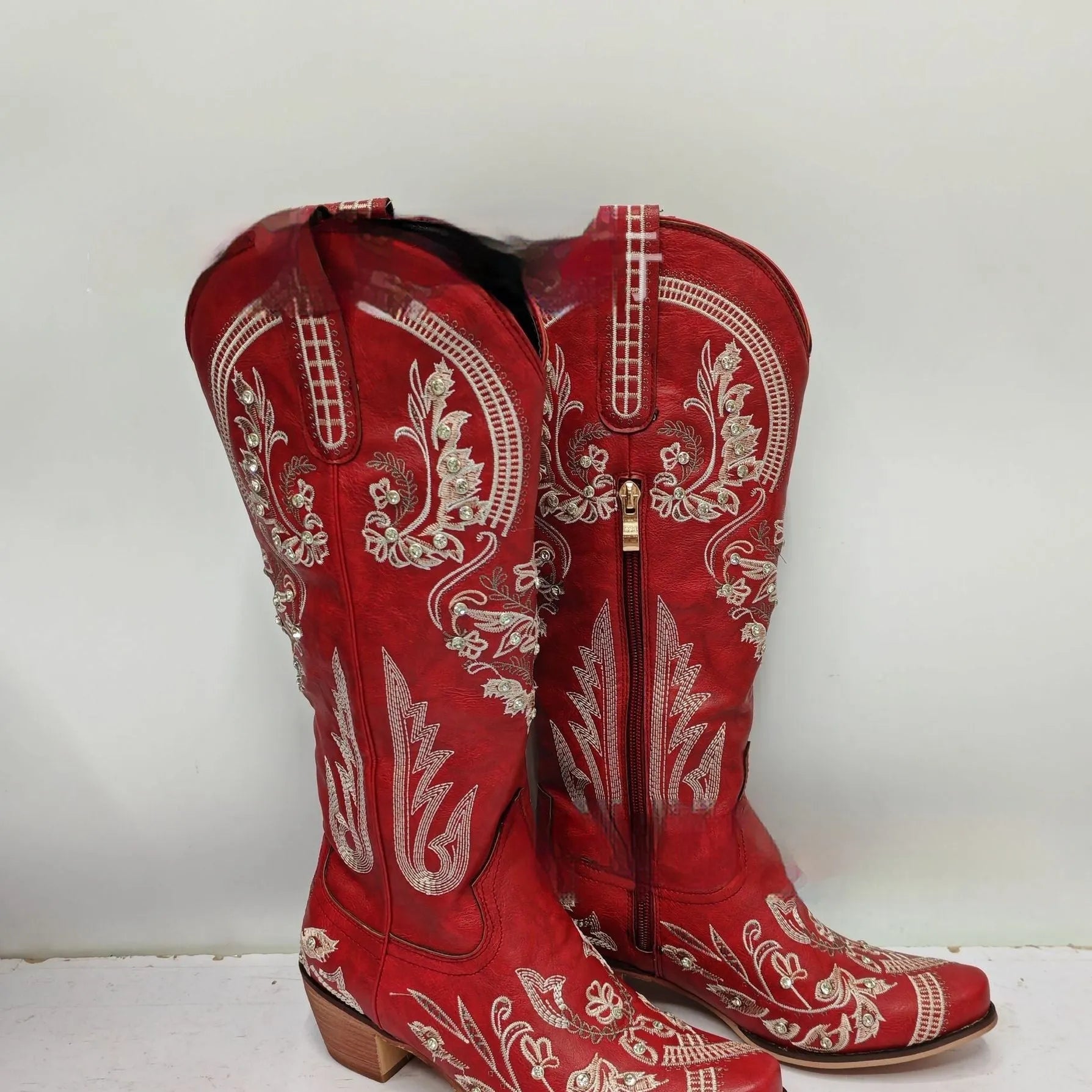 Women's embroidered rhinestone thick high heel high-top boots with side zipper, artificial PU upper, available in multiple colours