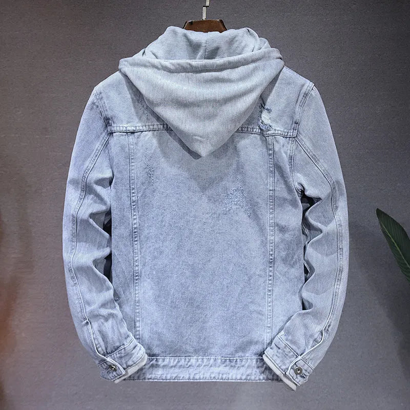 Men's light blue cotton denim jacket with detachable hood and side pockets