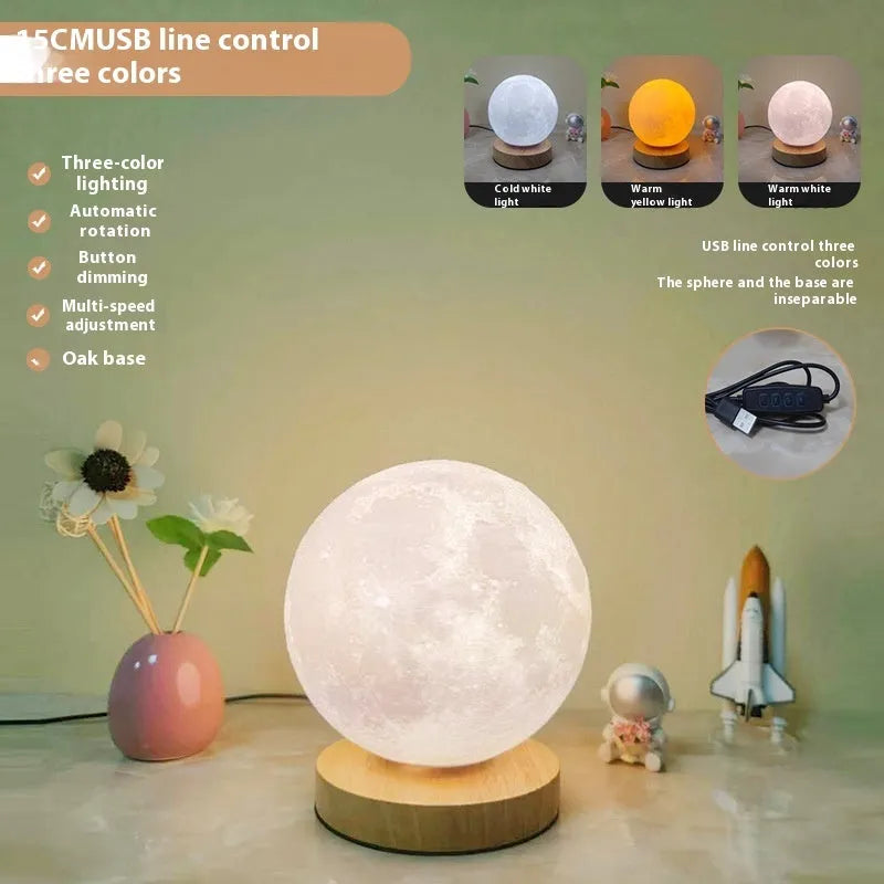Rotating three-colour moon night light on a wooden base, showing 12cm, 15cm, and 18cm size options.