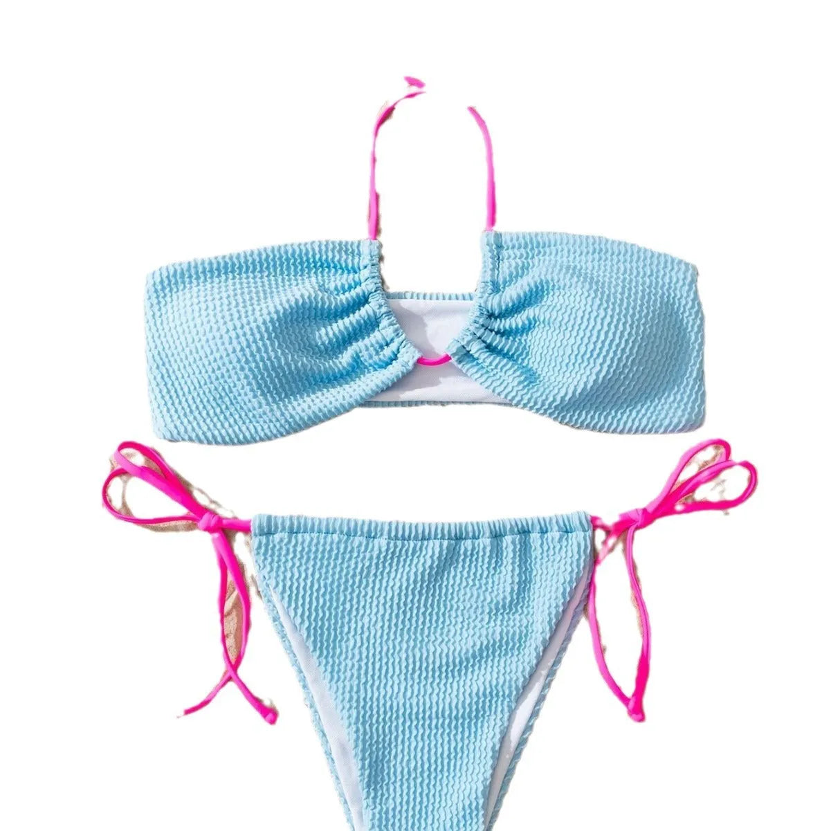 Solid colour women's two-piece swimsuit with halter neck lace-up and backless design.