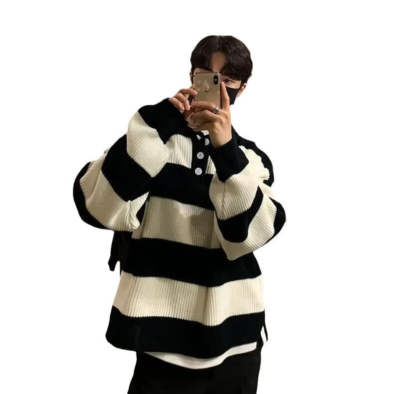 Men's loose fit striped pullover sweater coat in black or grey with long sleeves