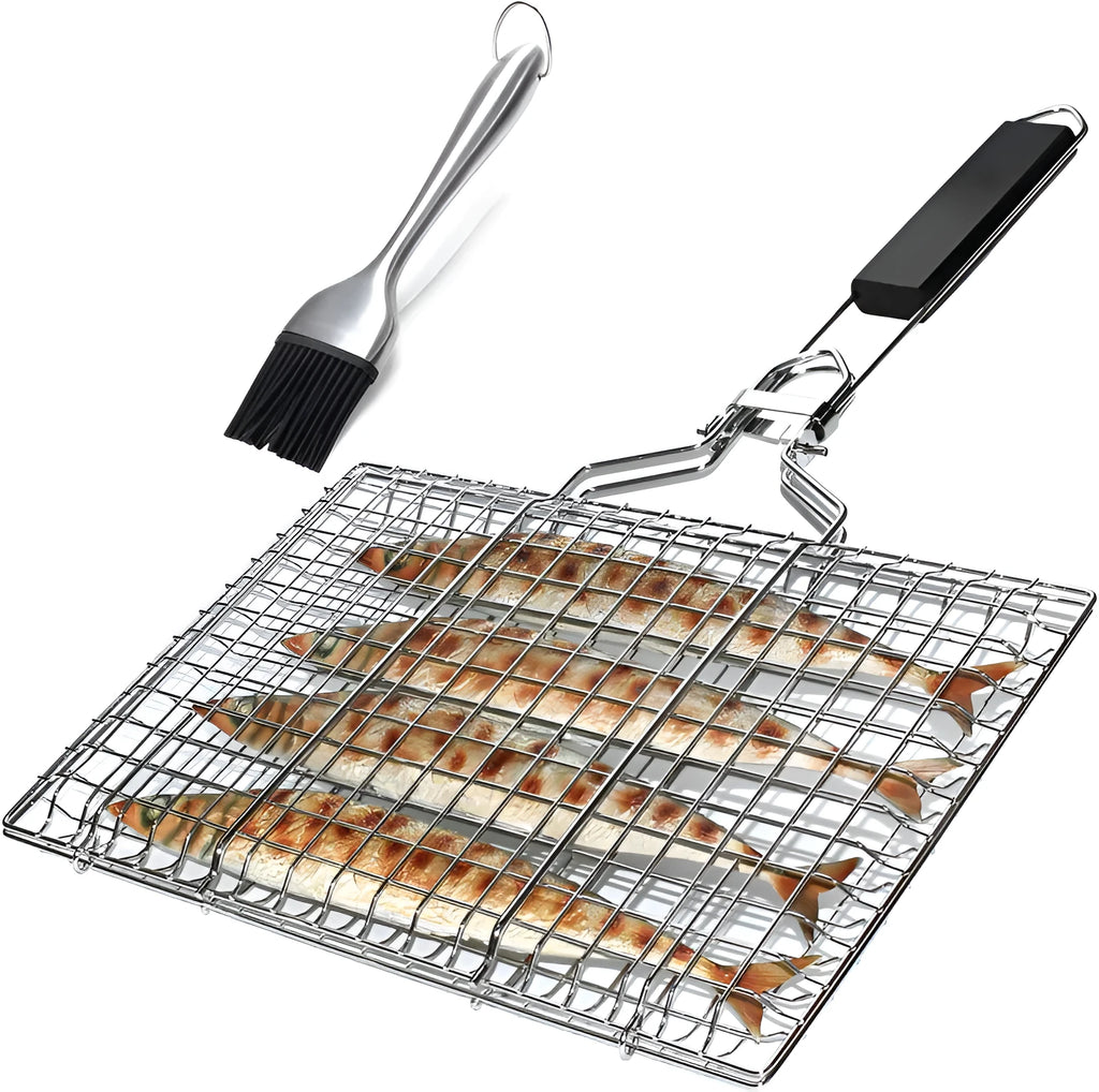 Square stainless steel barbecue mesh basket with folding handle and cleaning brush for outdoor grilling