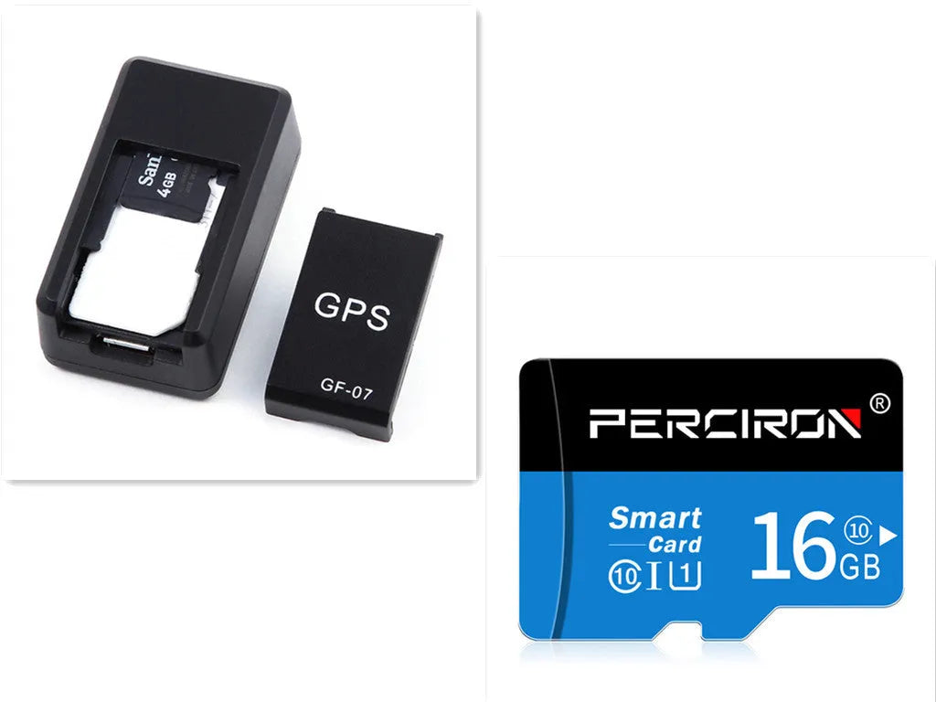 Small black plastic magnetic GPS tracker device next to a USB charging cable.