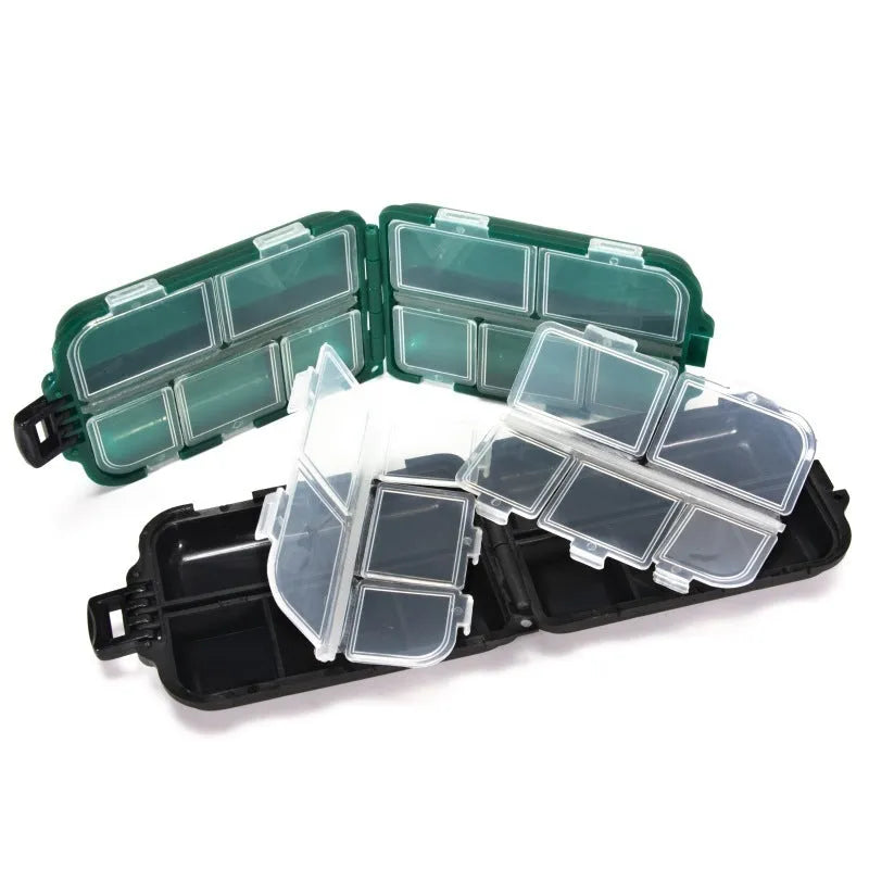 Green PVC fishing lure storage box with transparent lid, closed snap-lock, compact size 9.9x6.5x3cm