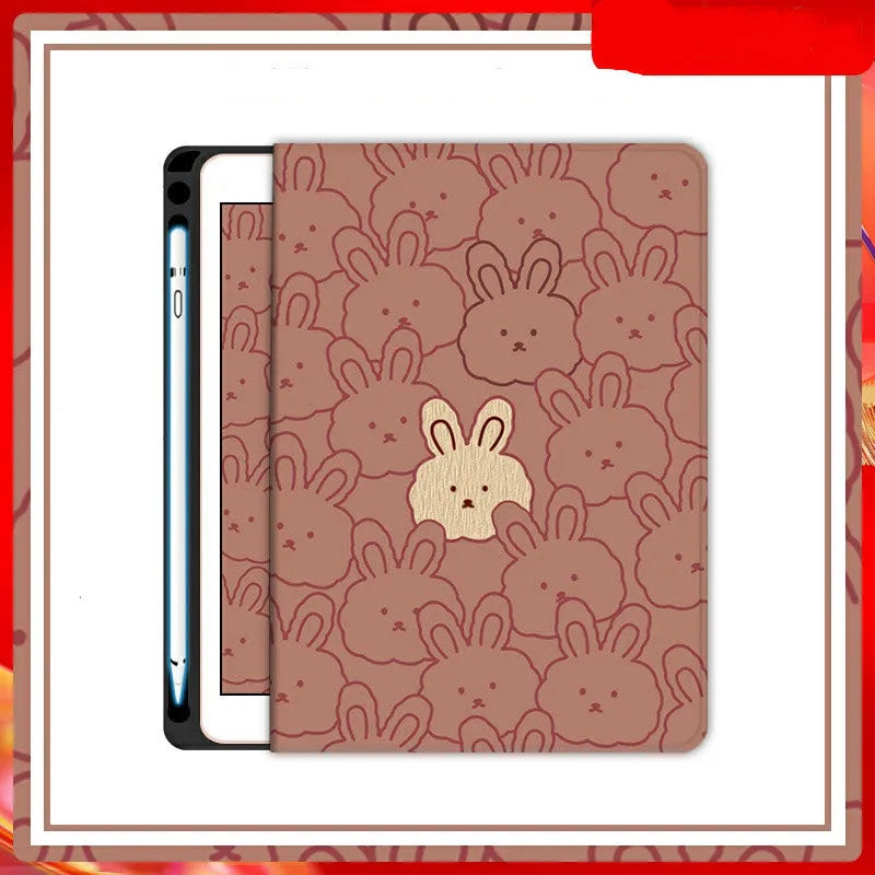 Cartoon cute rabbit silicone computer case for iPad in book full screen design with pen slot