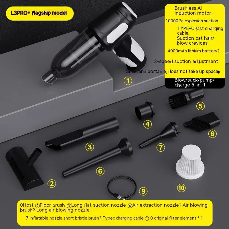 Black cordless handheld car vacuum cleaner with attached brush nozzle and charging cable.