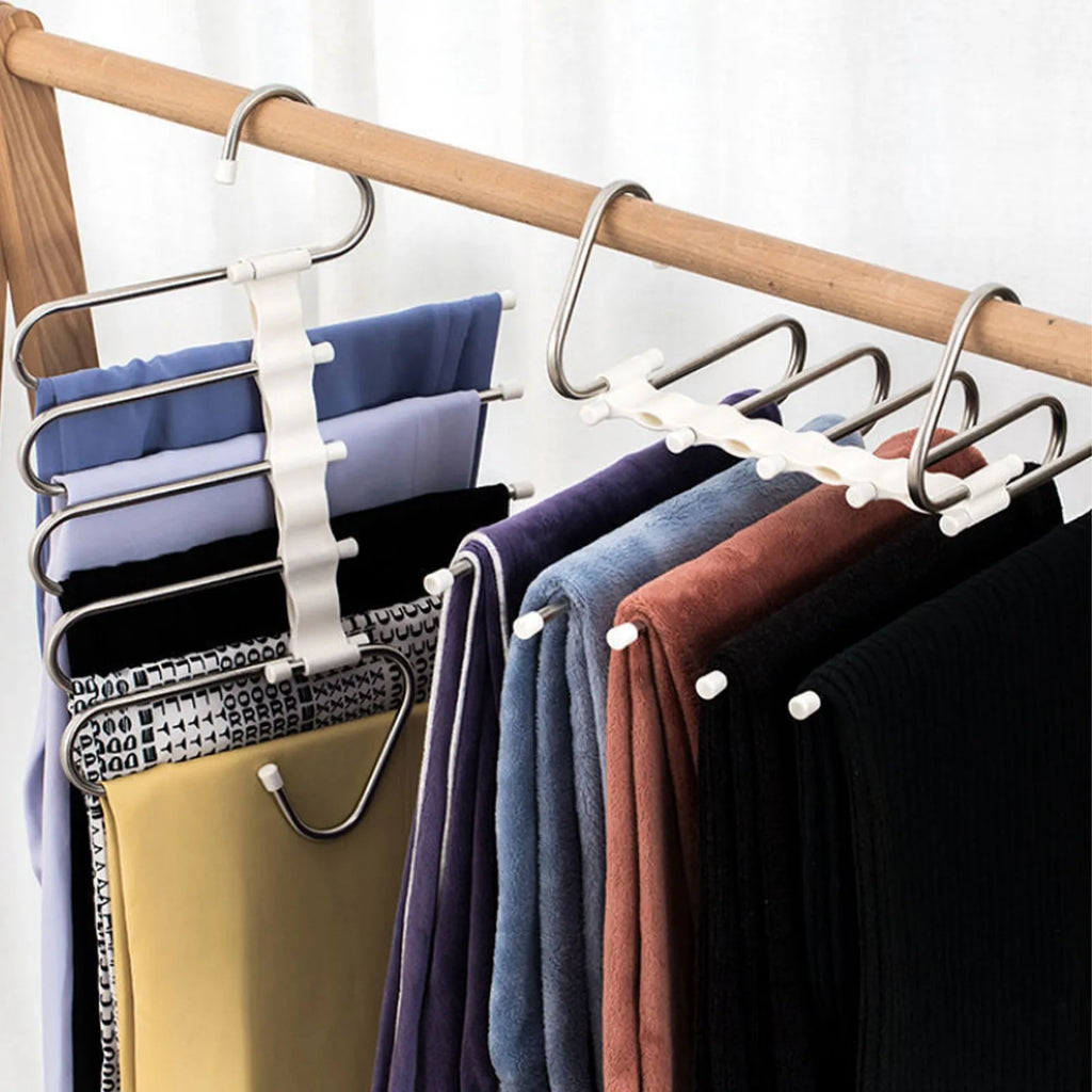 Black stainless steel five-boom trouser hanger showing level and vertical hanging options.