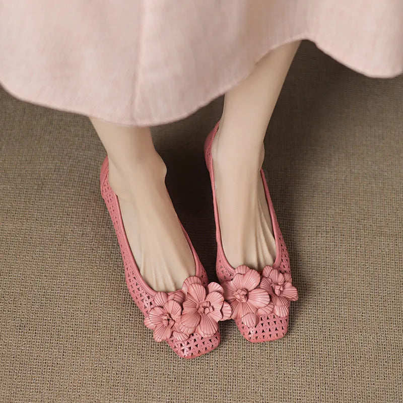 Women's light brown leather pump shoes with hollow weave design and mid heel