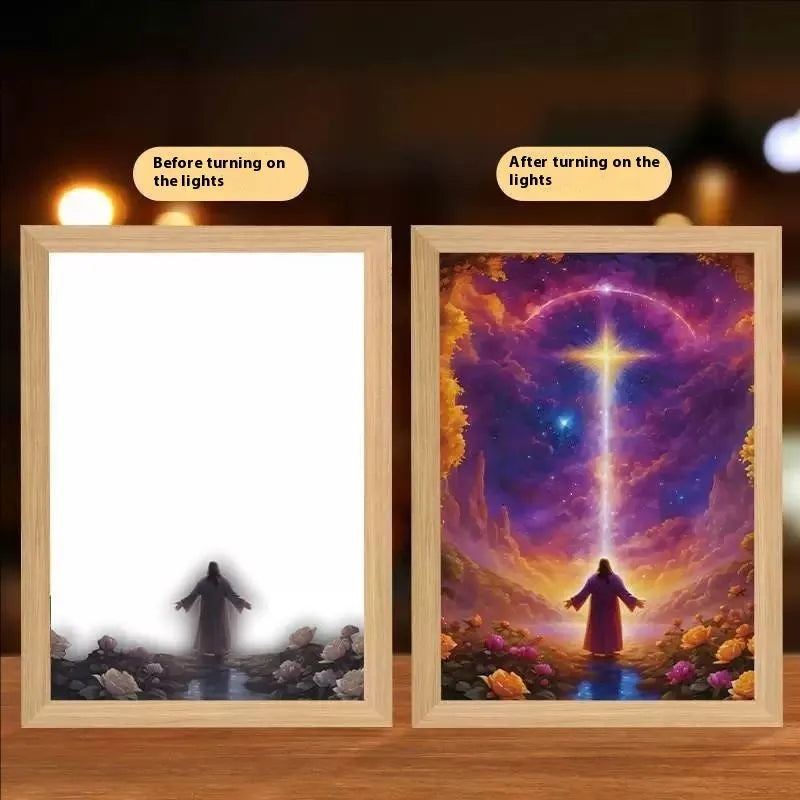 Handmade rectangular LED light painting photo frame showing a spiritual cross design, with USB cable.