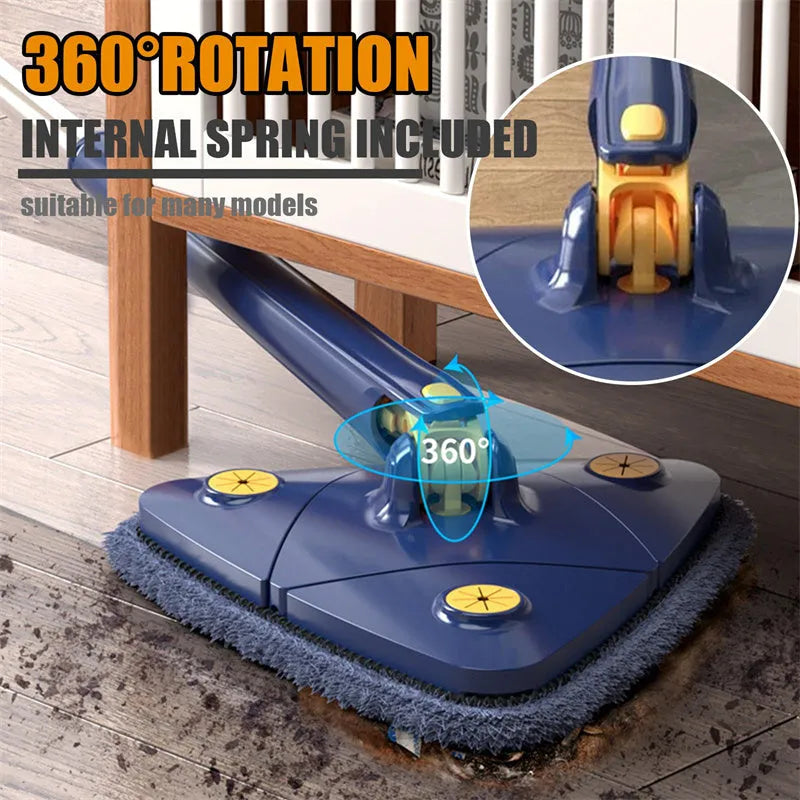 Blue triangle cleaning mop with rotating head and extendable stainless steel pole on a tiled floor