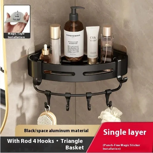 Gun grey punch-free wall-mounted bathroom corner storage rack with fan-shaped design