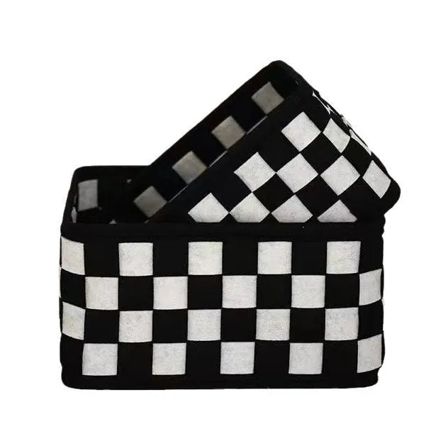 Grey checkerboard patterned felt storage basket with folded sides, showing its 37cm length.