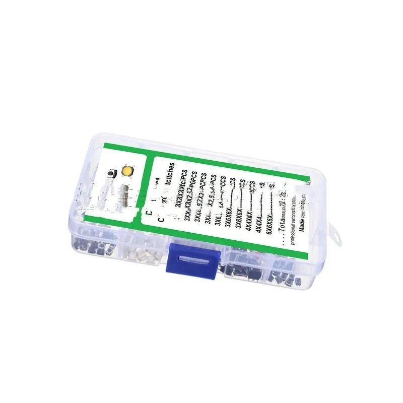 Box containing 250 surface mount tactile push button switches for electronics repair
