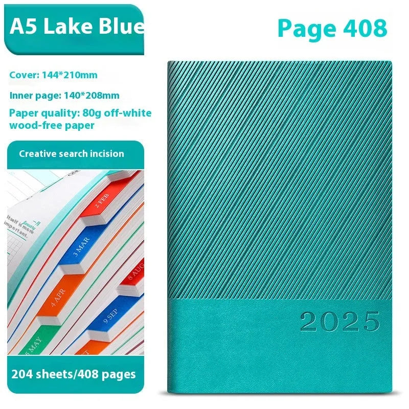 A4 striped PU leather business notepad open on a desk showing 80g paper, available in eight colours.