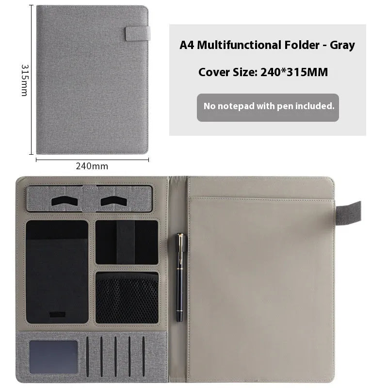 Leather A4 business folder in black, open to show 35mm thick plate and space for documents