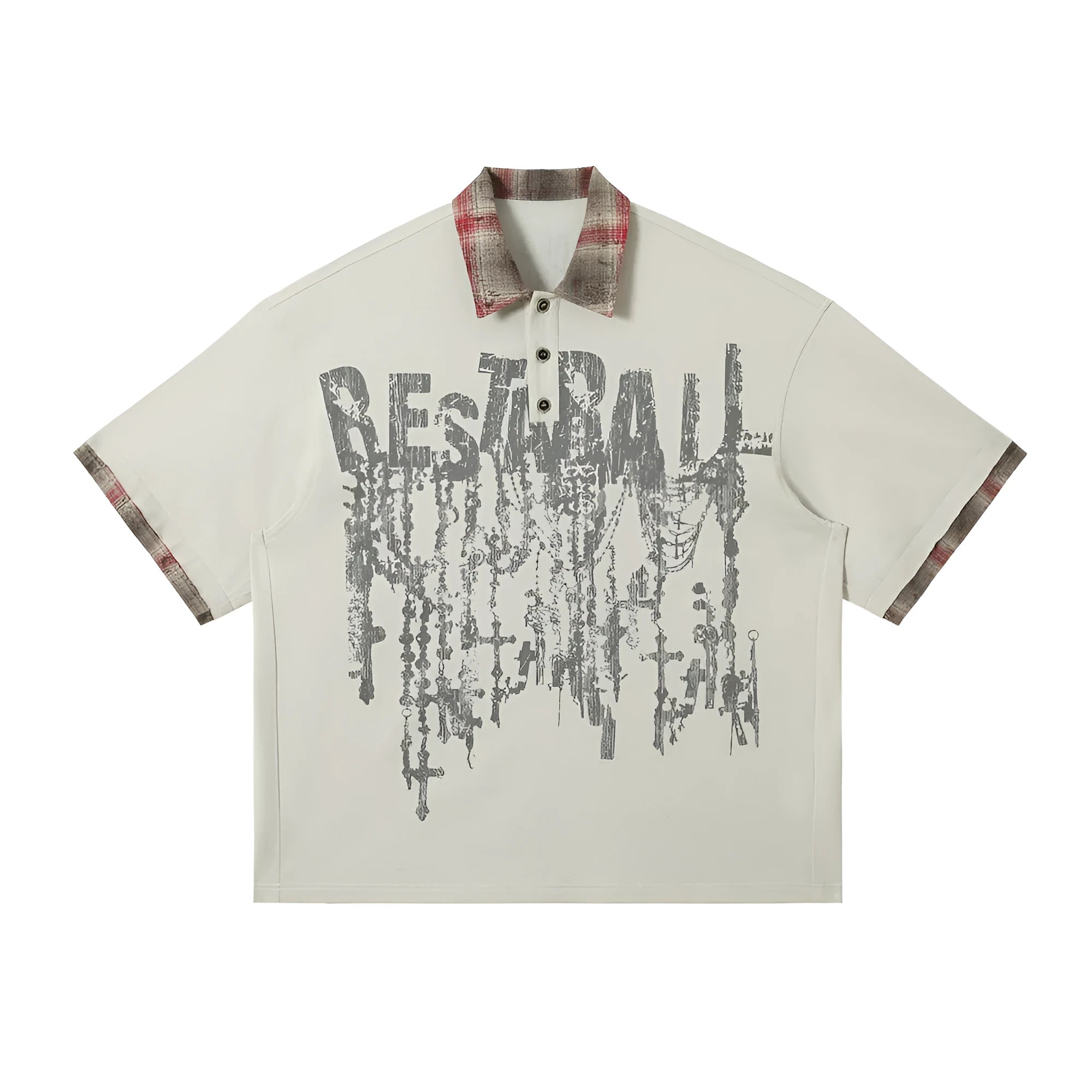 Men's loose blue cotton top with graffiti print on lapel and asymmetrical cut