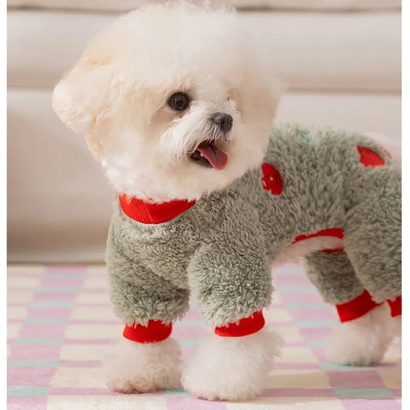 Fleece four-legged pet onesie with fruit embroidery for small medium dogs cats, brown with orange design