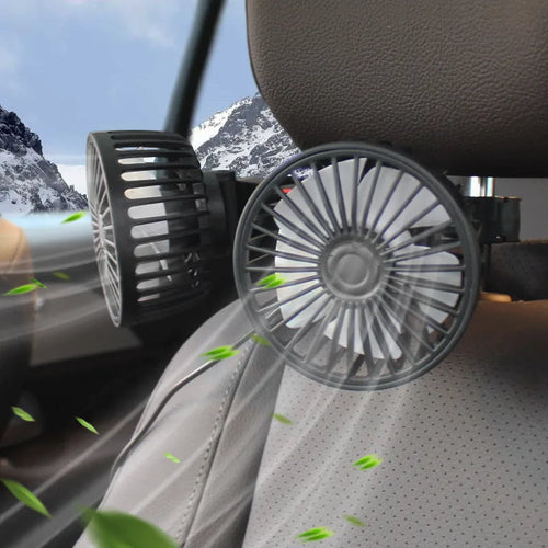 Black 12V 24V car rear electric fan with USB connection and adjustable airflow controls