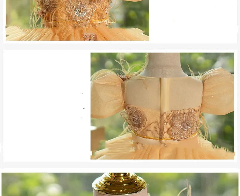 Girls princess dress in Champagne Gold with sequins and flower pettiskirt
