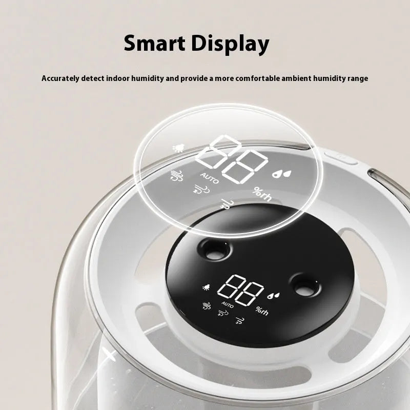 Round beige large capacity humidifier with dual spray nozzles, humidity display, and USB port
