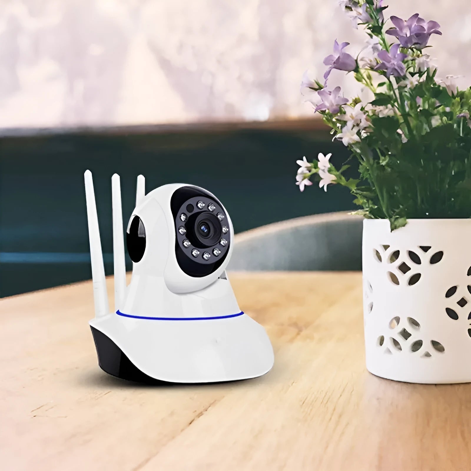 White wireless dome security camera with dimensions 115mm by 130mm.