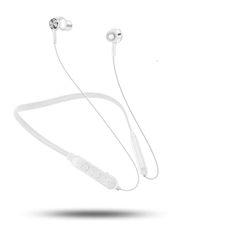 Black, red, and white binaural neckband Bluetooth sports earphones with a USB cable.