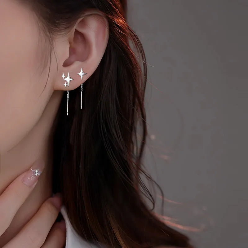 Asymmetric four eight-pointed stars hanging drop earrings for women in copper alloy
