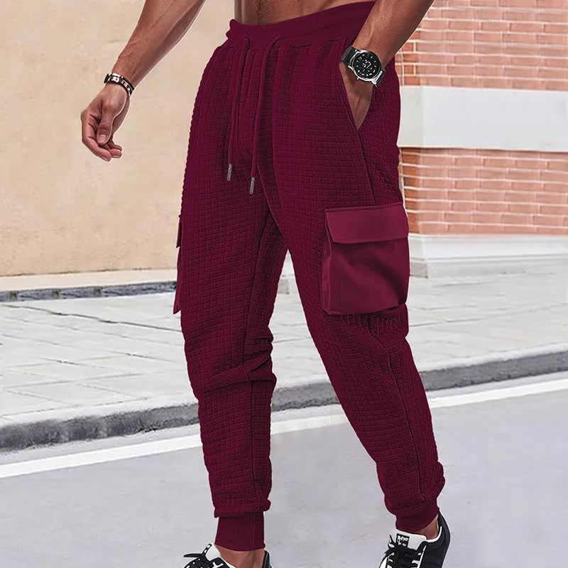 Men's thickened jacquard small check sweatpants with drawstring waist and belt, loose cargo style