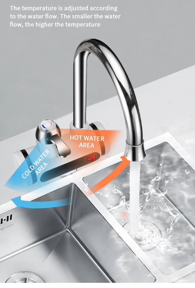 White electric instant water heater tap for kitchen sink with digital temperature display.