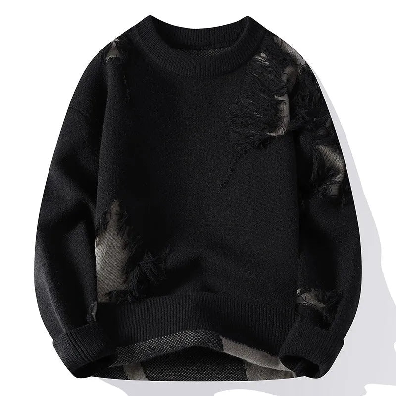 Fashion casual round neck loose men's sweater in black polyester knit, front view