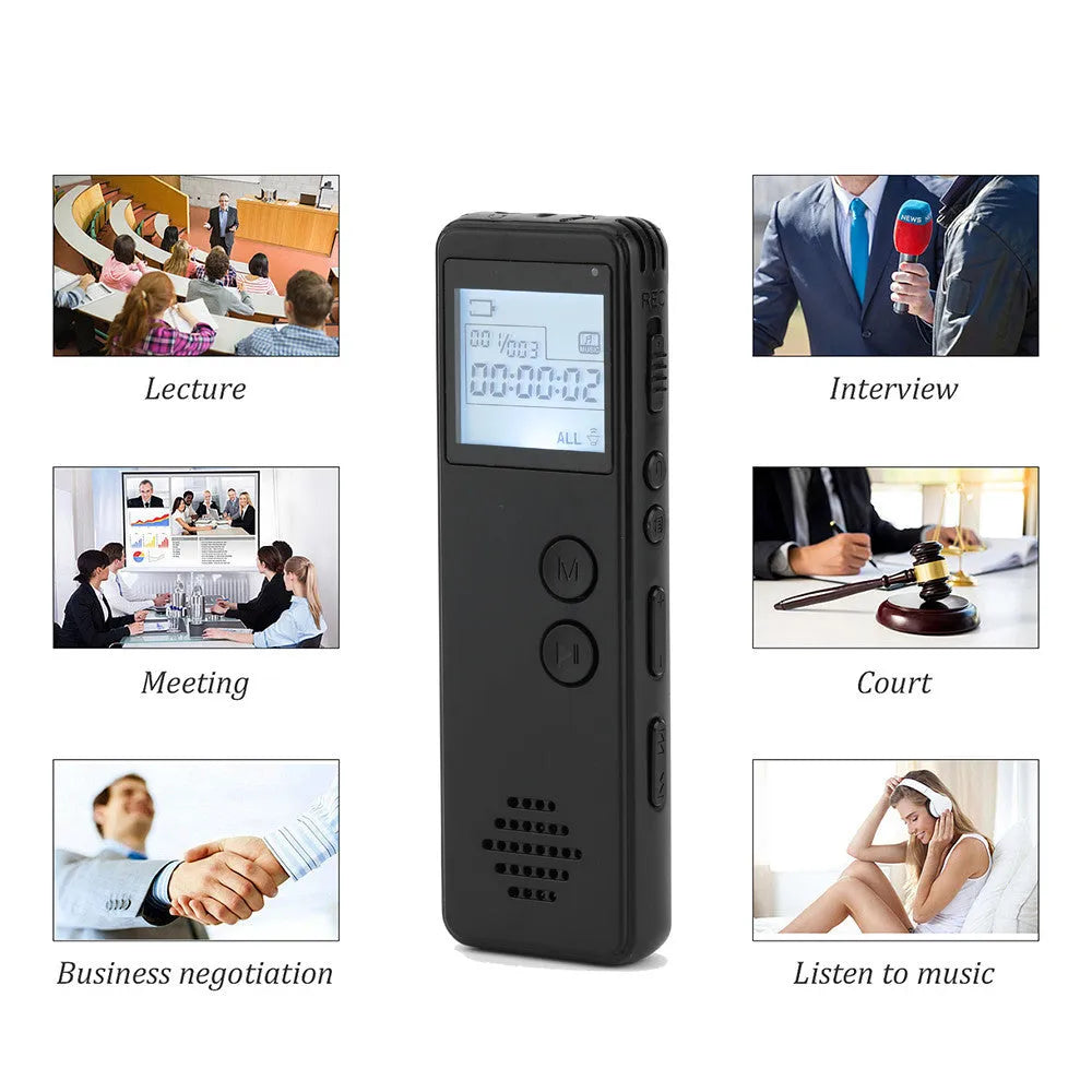 Long distance MP3 digital voice recorder with noise reduction, one-key recording, 128Kbps, black ABS casing