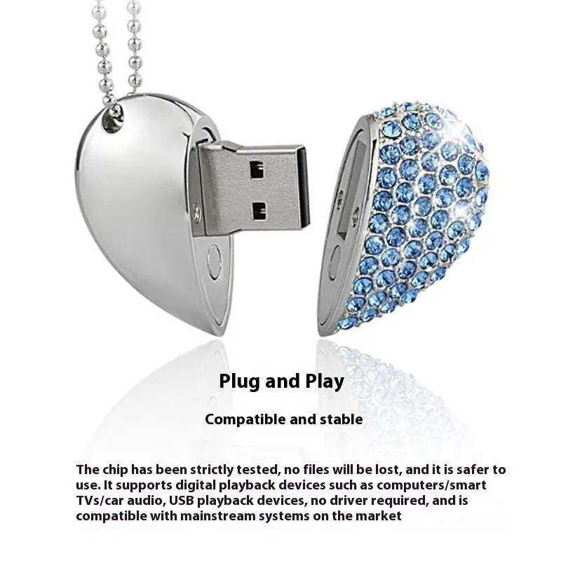 Heart-shaped USB flash drive with brick-inlaid pattern on metal shell, shown in blue colour.