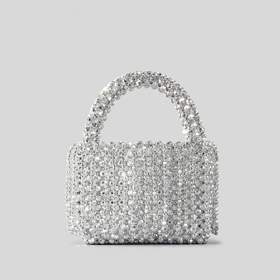 Acrylic tassel handbag for women DIY handmade bucket bag in silver with beaded and hollow details