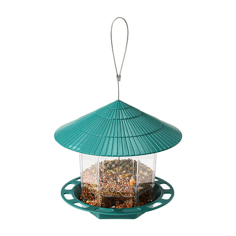 Green PP hanging transparent bird feeder with automatic feeding for outdoor garden use