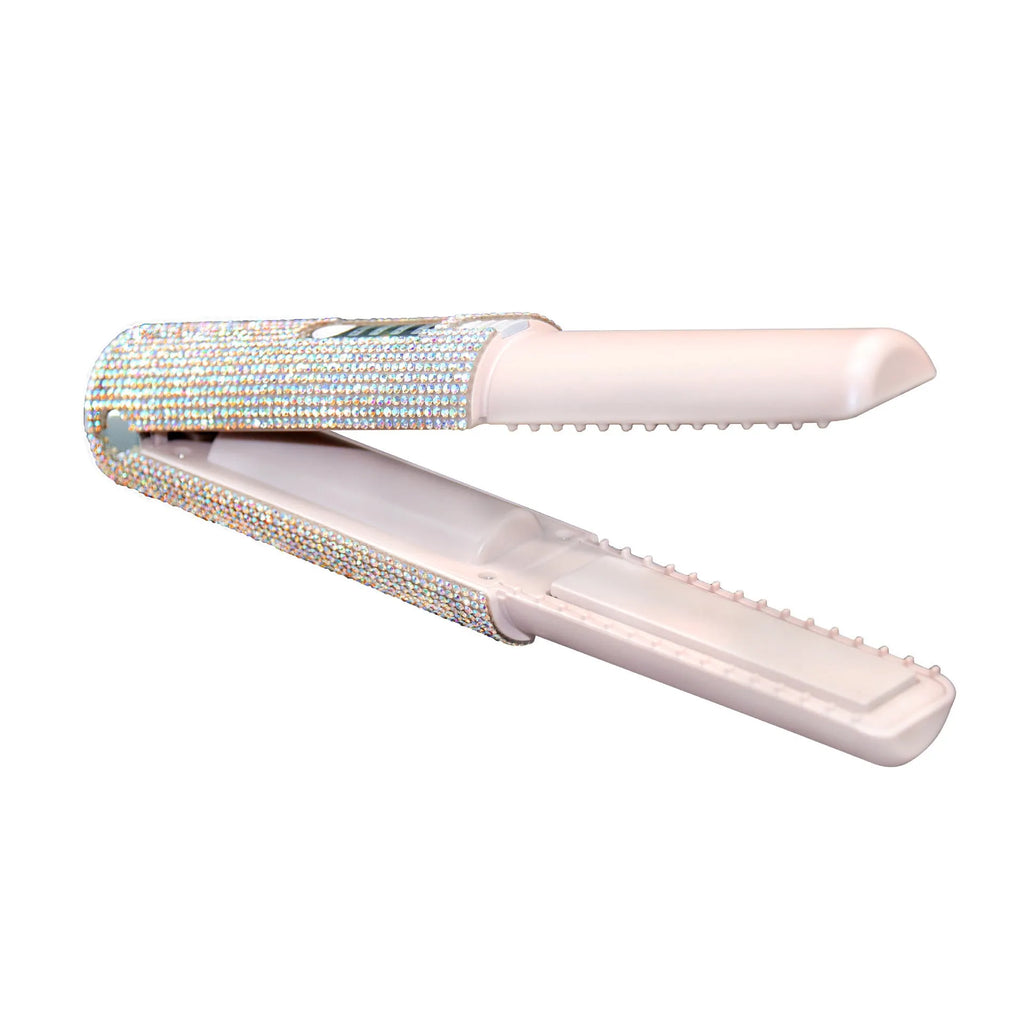 Rechargeable portable USB hair straightener in black, wireless lithium battery model for styling hair on the go.