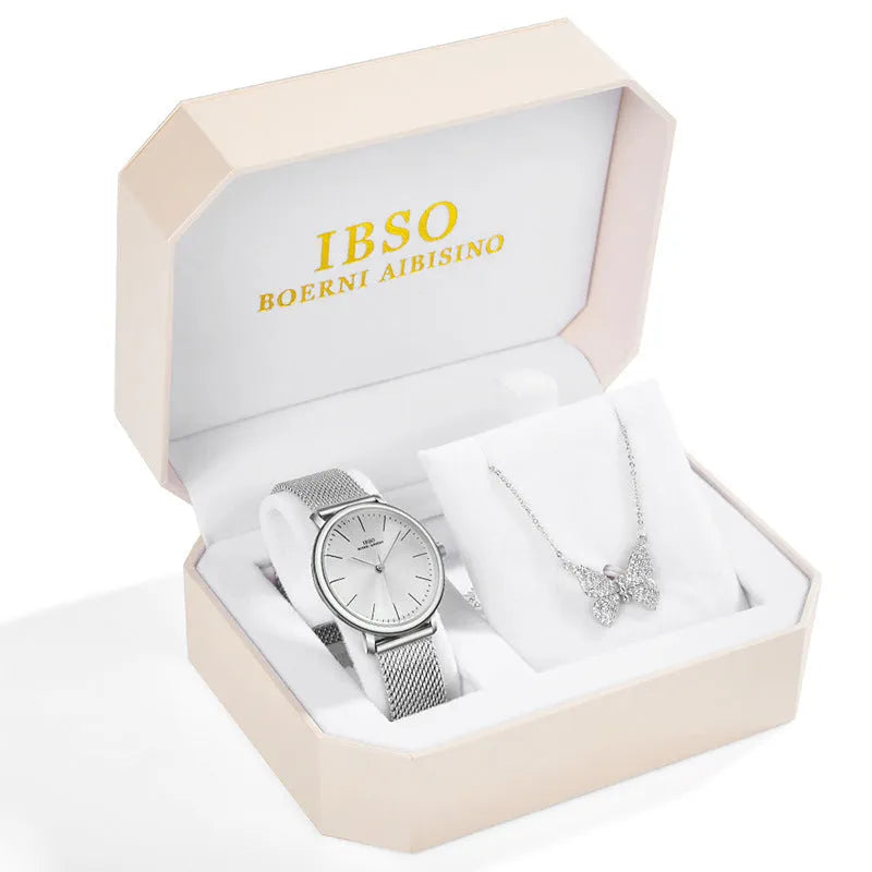 Rhinestone butterfly necklace quartz watch with round dial, alloy strap, and pin buckle