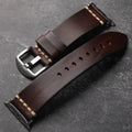 Handmade leather watch strap with stainless steel buckle in black, brown, and red colours