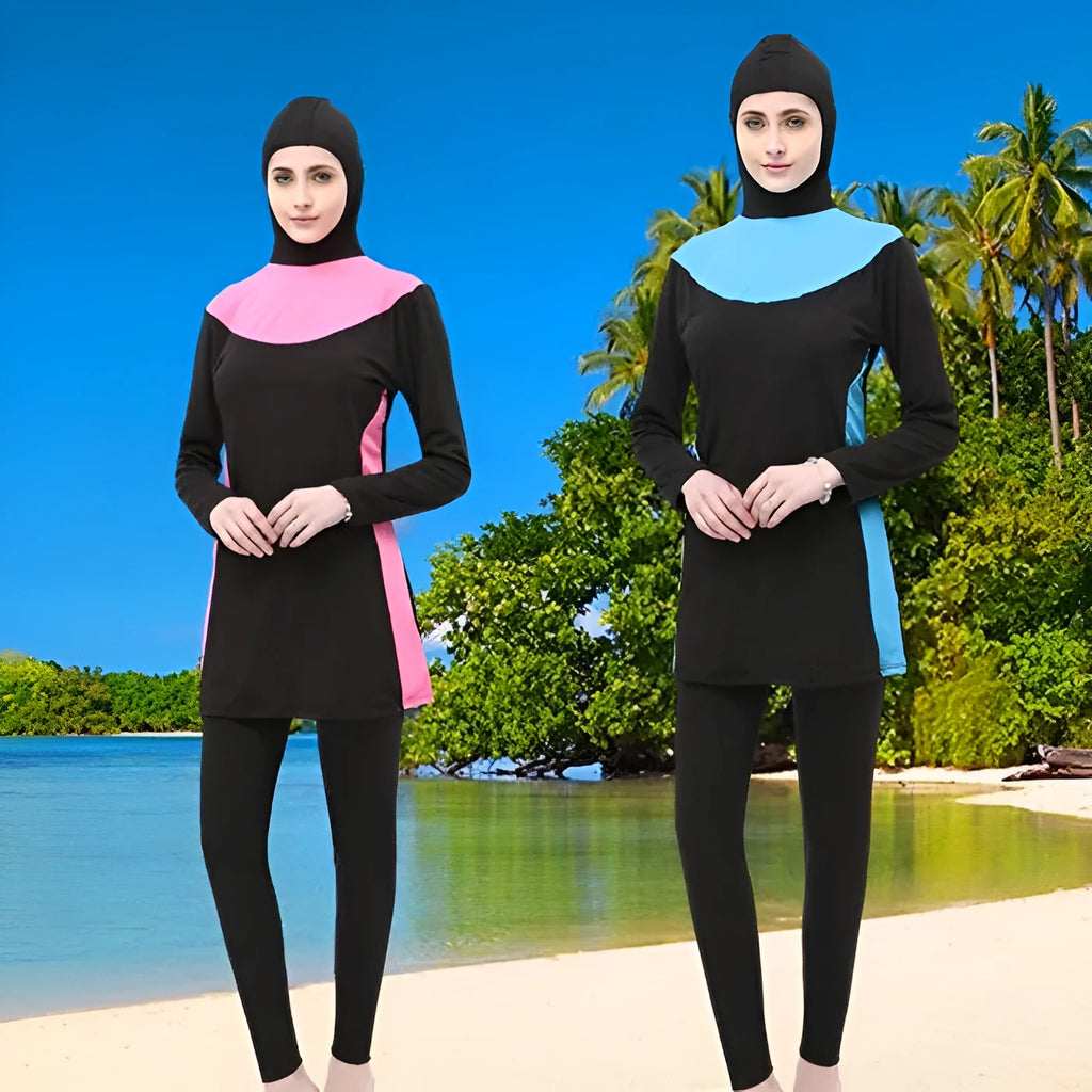 Conservative women's hooded swimsuit with long sleeves in black with colour trim