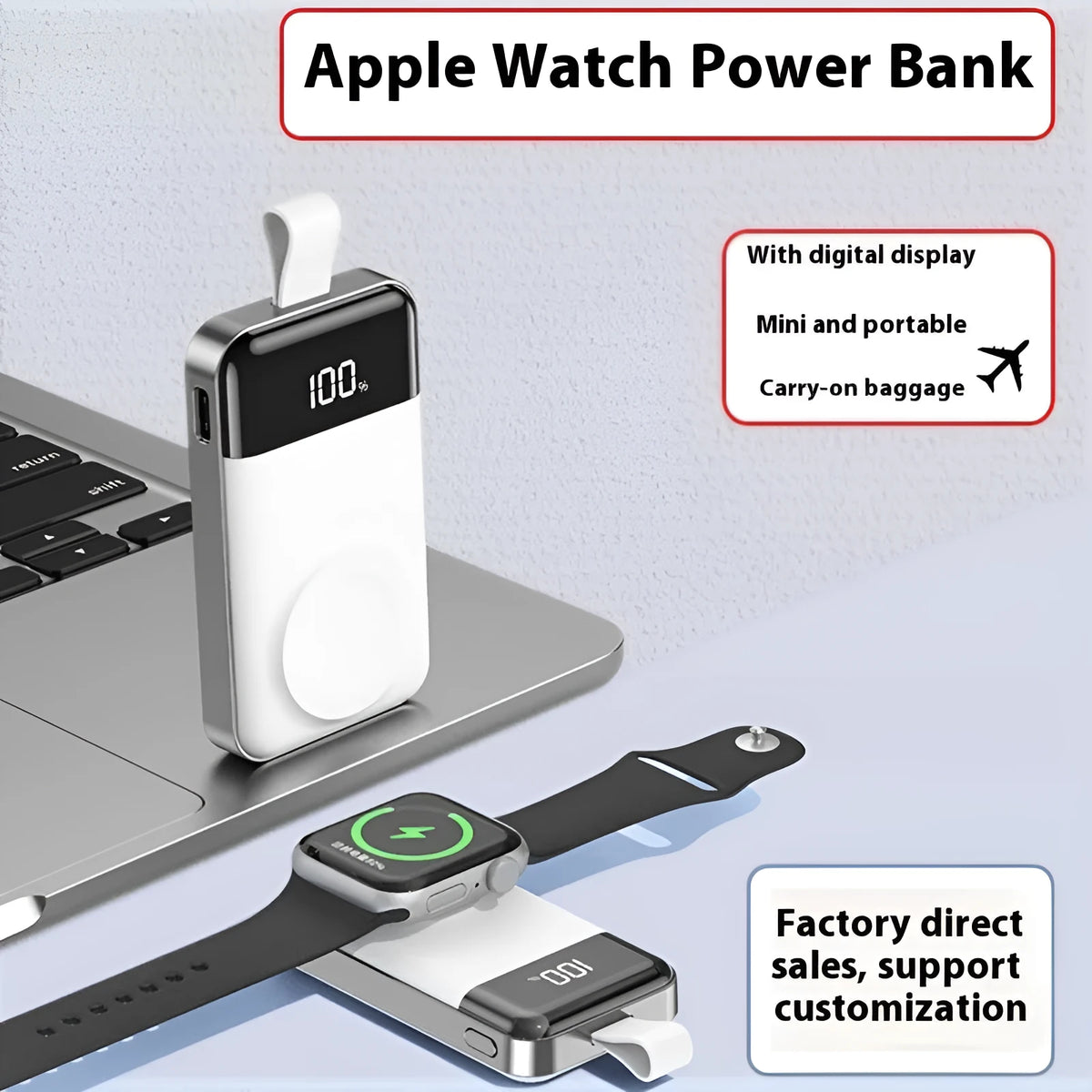 Mini portable digital display wireless magnetic power bank in silver, 75x43x16mm plastic shell