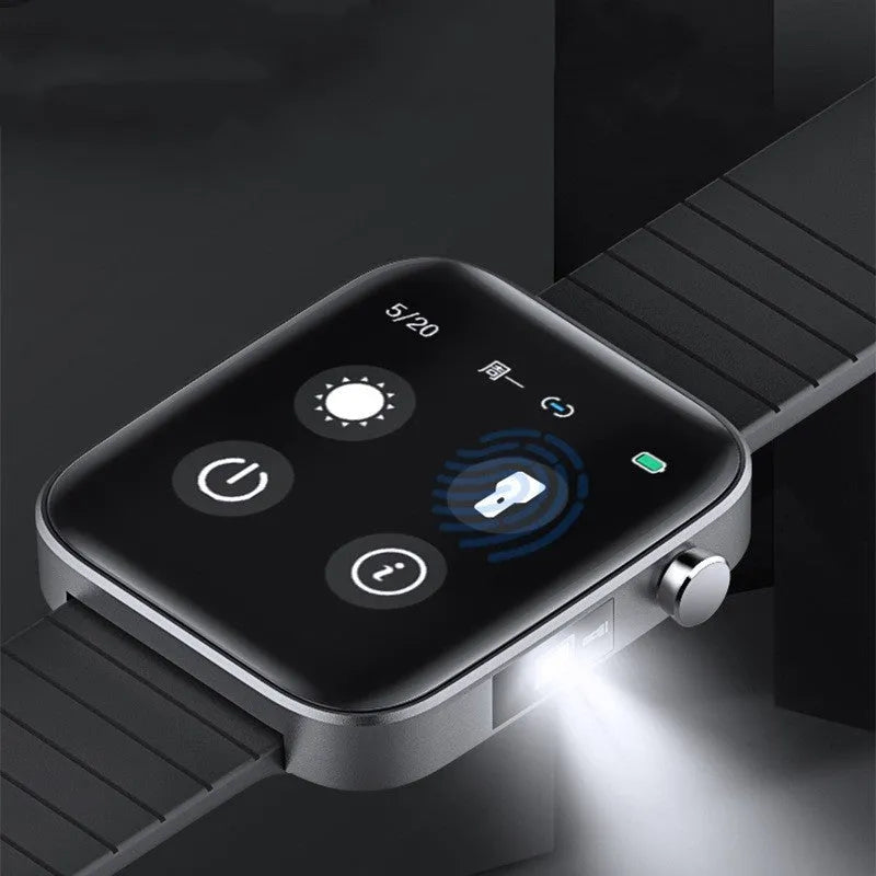 Black smart health monitoring bracelet with 1.54-inch touch screen displaying blood pressure and temperature readings