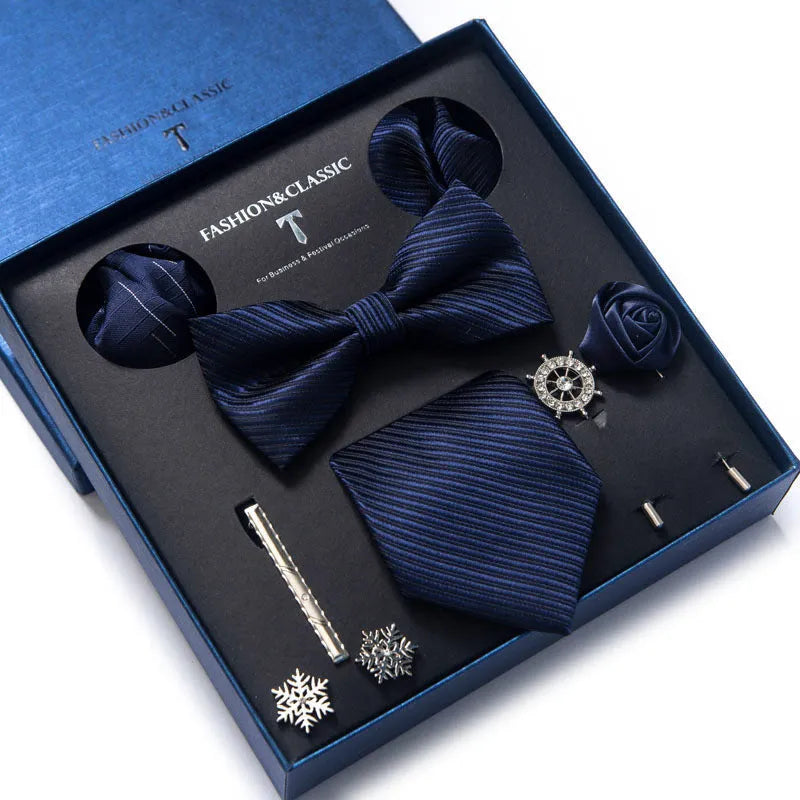 Men's 8-piece rayon jacquard bow tie set, heart shape arrow style, monochrome pattern, 146cm length