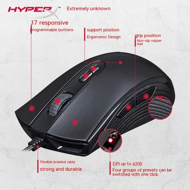 HyperX Pulsefire Core RGB wired gaming mouse in black and pink colours on a desk.