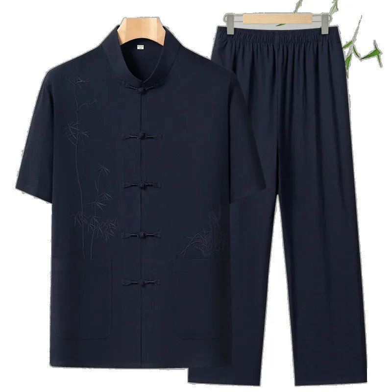 Cotton short-sleeved leisure suit for older men in multiple colour options with two-piece construction
