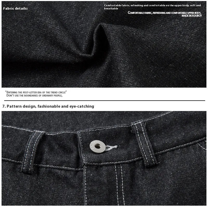 Black multi-pocket pleated workwear jeans in cotton denim fabric