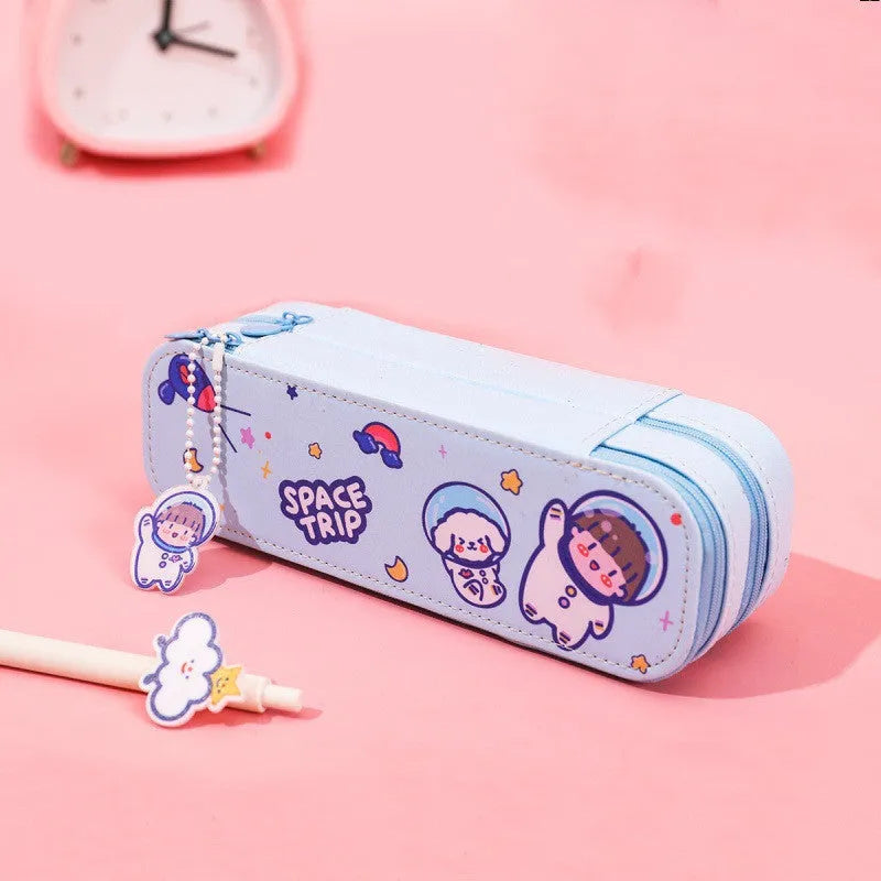 Ins cartoon double-layer PU pencil case with cute astronaut design, available in multiple colours and sizes S to XL