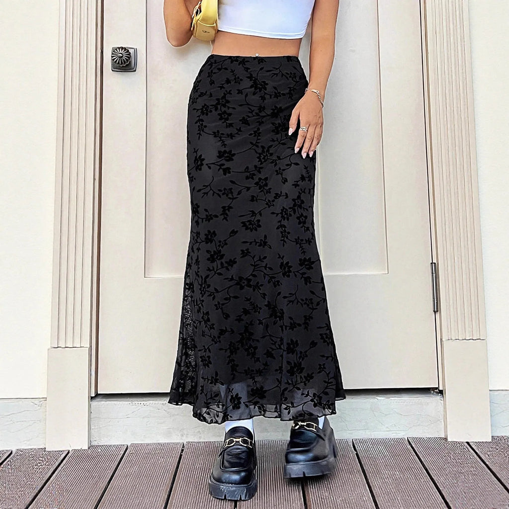 Dark green floral half-length fishtail skirt for women with polyester fabric and elastic waist