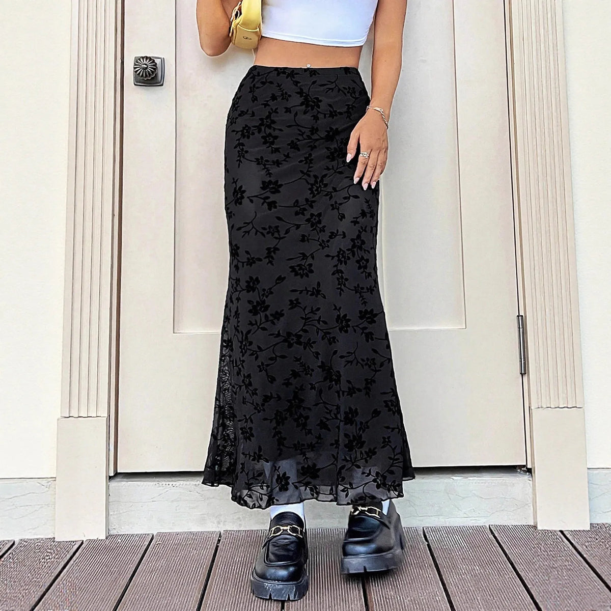 Dark green floral half-length fishtail skirt for women with polyester fabric and elastic waist