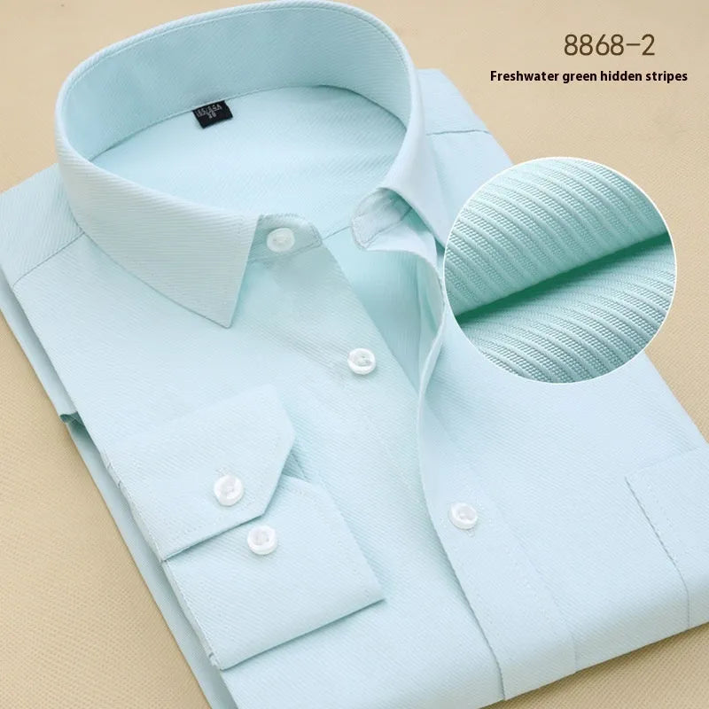 Men's solid colour cotton long sleeve business shirt in a slim fit on a hanger