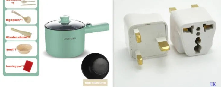 White, green, and khaki mini electric hot pot with non-stick interior and control panel.