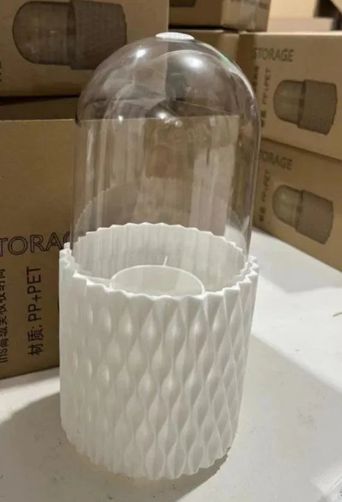 White acrylic makeup brush holder with transparent cover and rotating base for desktop storage